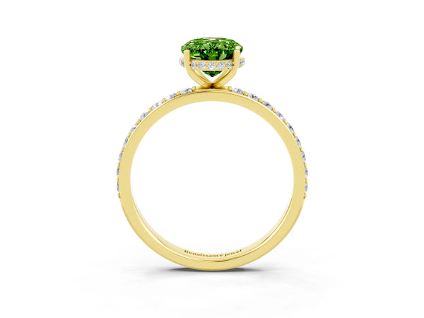 Yellow gold Oval Cut Peridot Solitaire Ring with Pavé Band and Hidden Halo