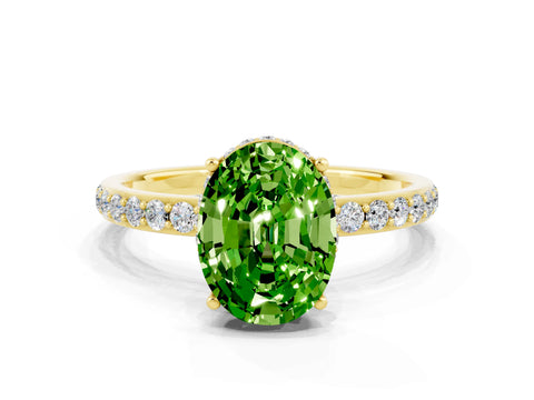 Yellow gold {shape_name} Peridot Solitaire Ring with Pavé Band and Hidden Halo