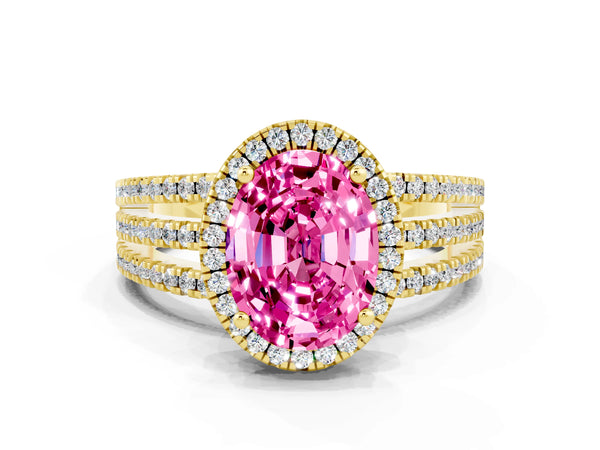 Yellow gold Oval Cut Pink Sapphire Halo Engagement Ring with Split Shank and Four-Prong Setting