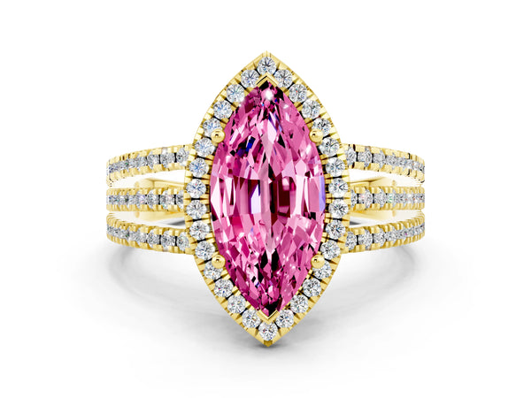 Yellow gold Marquise Cut Pink Sapphire Halo Engagement Ring with Split Shank and Four-Prong Setting