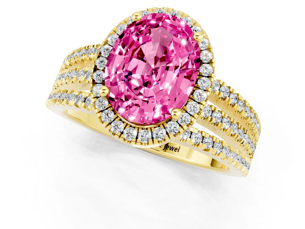Yellow gold Oval Cut Pink Sapphire Halo Engagement Ring with Split Shank and Four-Prong Setting