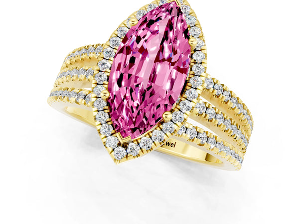 Yellow gold Marquise Cut Pink Sapphire Halo Engagement Ring with Split Shank and Four-Prong Setting