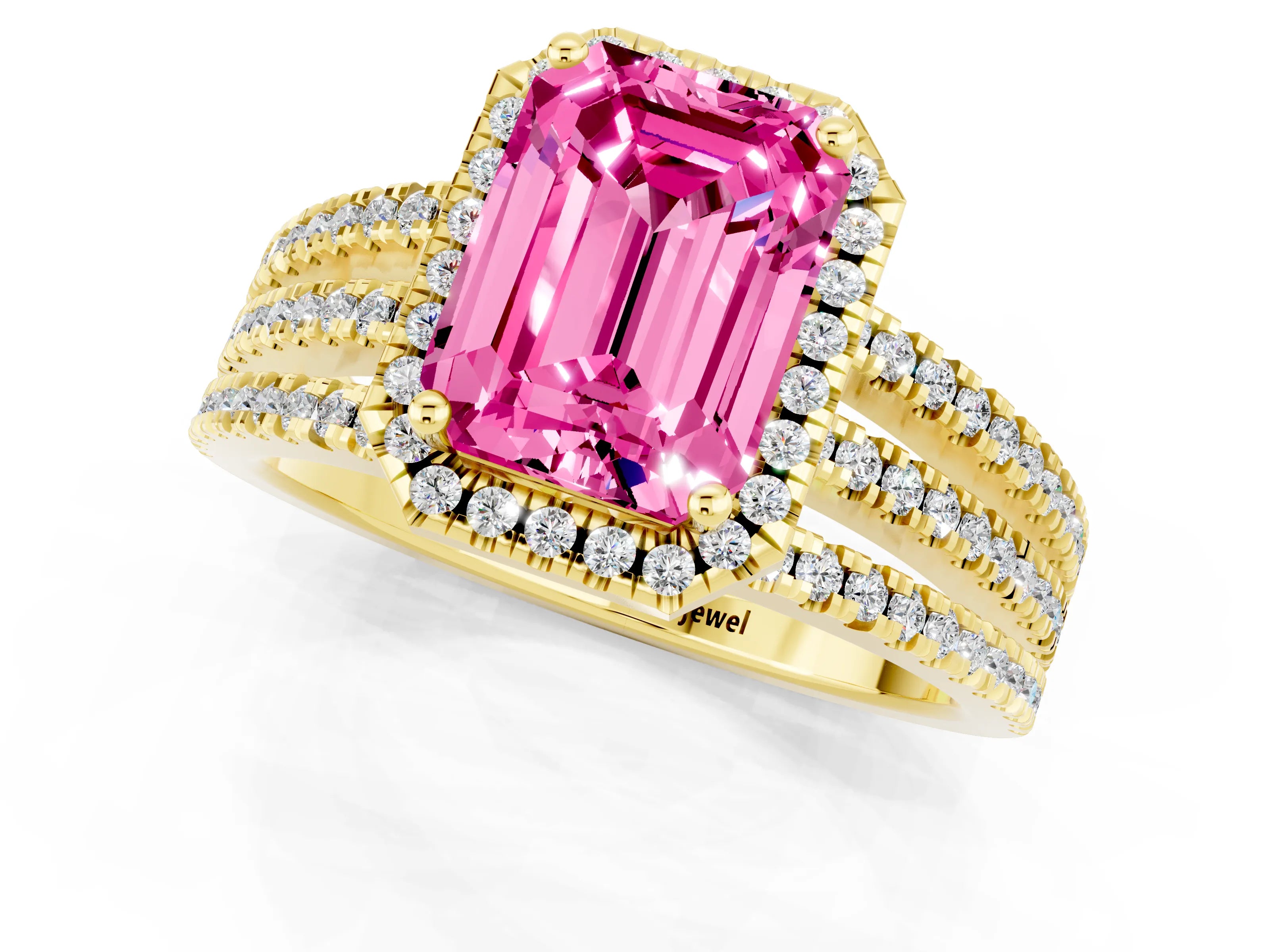 Yellow gold {shape_name} Pink Sapphire Halo Engagement Ring with Split Shank and Four-Prong Setting_1