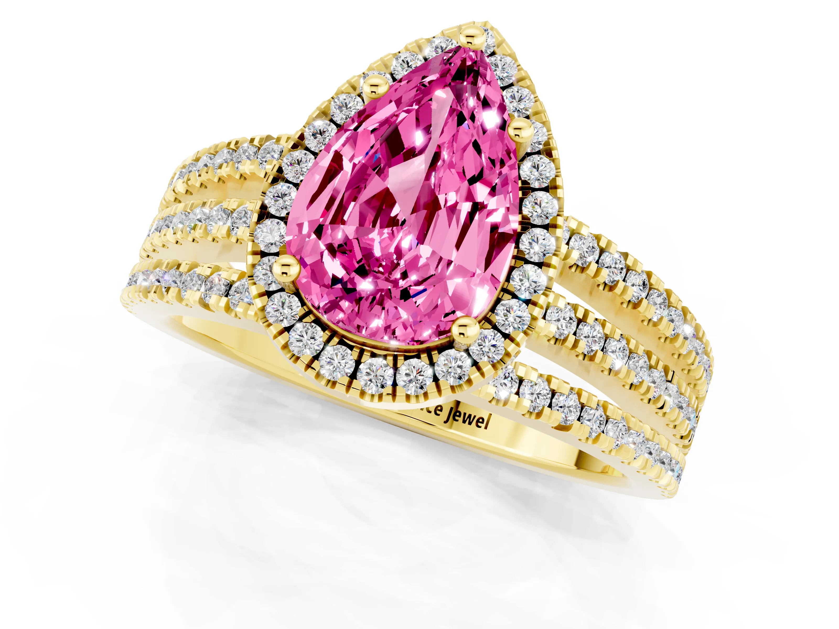 Yellow gold {shape_name} Pink Sapphire Halo Engagement Ring with Split Shank and Four-Prong Setting_1