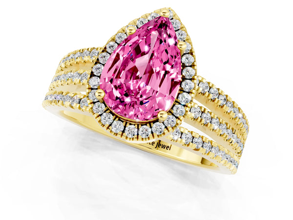 Yellow gold Pear Cut Pink Sapphire Halo Engagement Ring with Split Shank and Four-Prong Setting