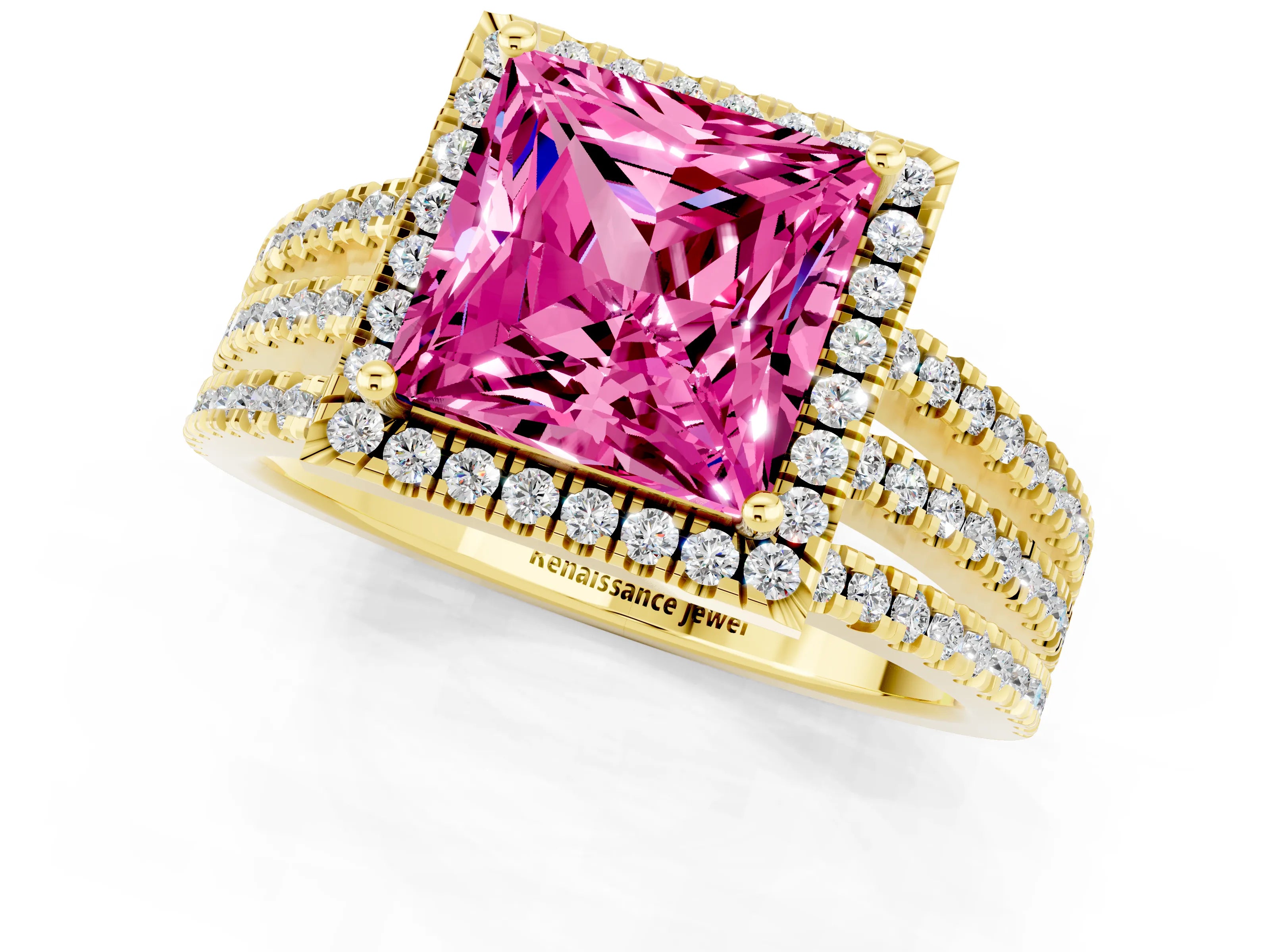 Yellow gold {shape_name} Pink Sapphire Halo Engagement Ring with Split Shank and Four-Prong Setting_1