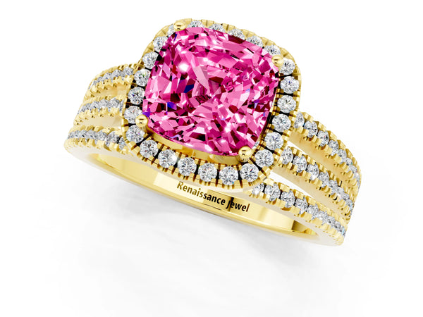Yellow gold Cushion Cut Pink Sapphire Halo Engagement Ring with Split Shank and Four-Prong Setting