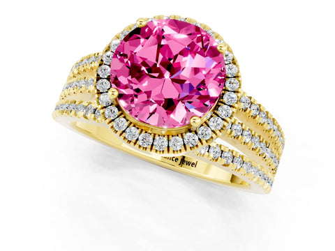 Yellow gold {shape_name} Pink Sapphire Halo Engagement Ring with Split Shank and Four-Prong Setting_1