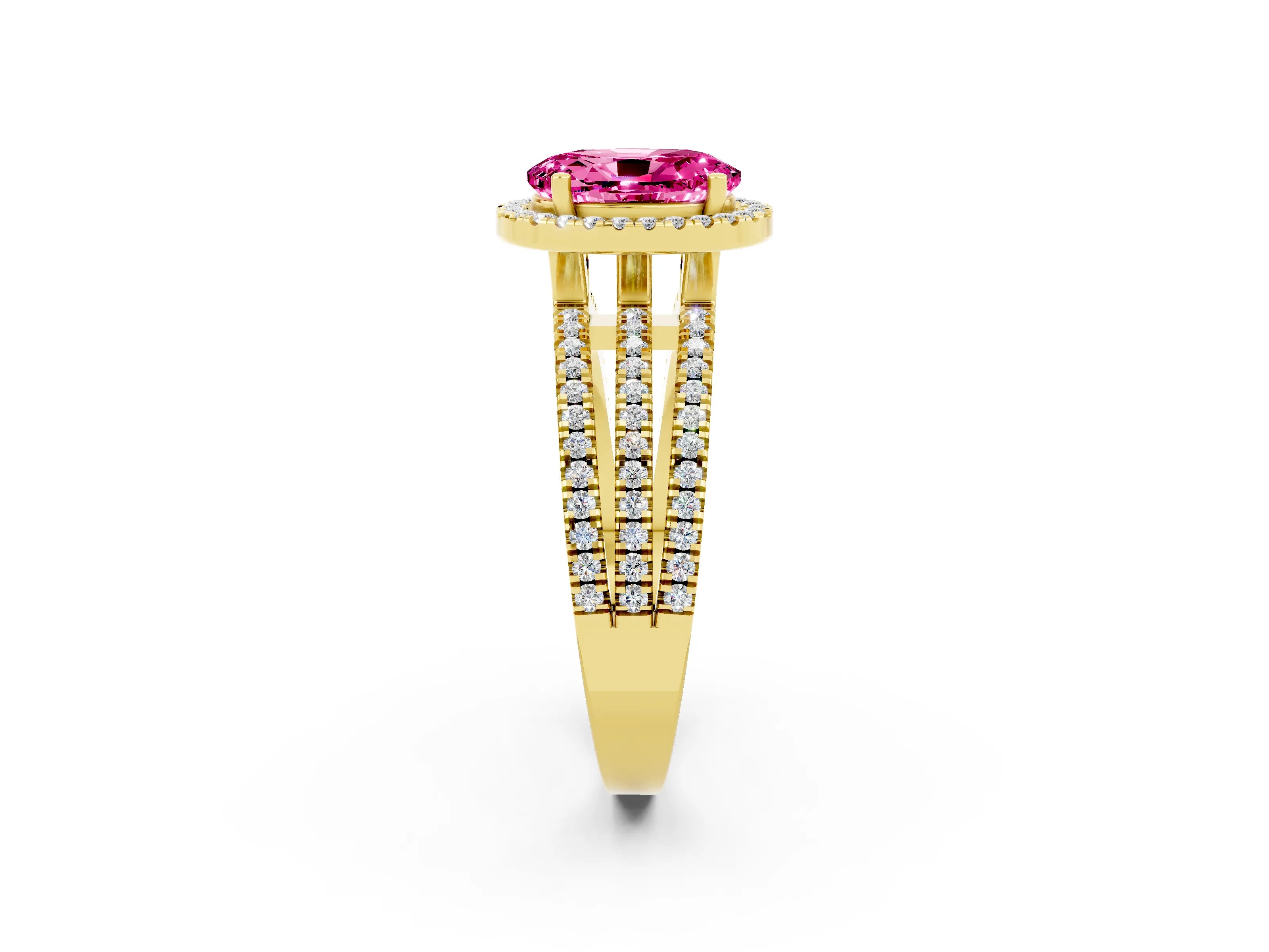 Yellow gold {shape_name} Pink Sapphire Halo Engagement Ring with Split Shank and Four-Prong Setting_2