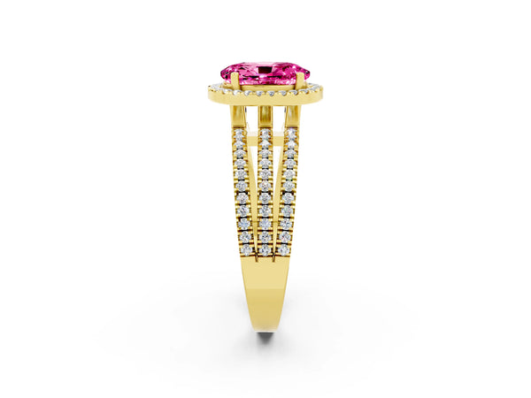 Yellow gold Oval Cut Pink Sapphire Halo Engagement Ring with Split Shank and Four-Prong Setting