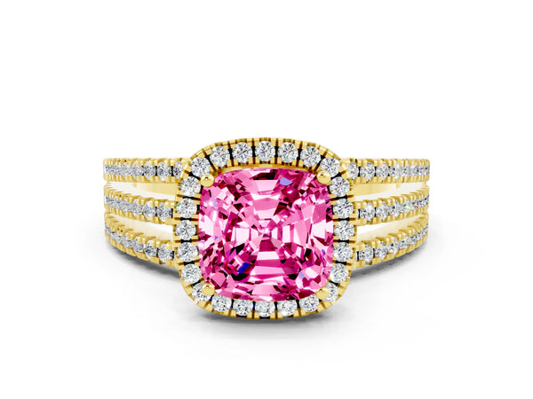 Yellow gold Cushion Cut Pink Sapphire Halo Engagement Ring with Split Shank and Four-Prong Setting