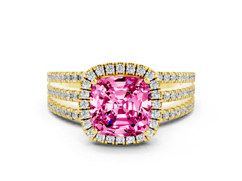 Yellow gold {shape_name} Pink Sapphire Halo Engagement Ring with Split Shank and Four-Prong Setting