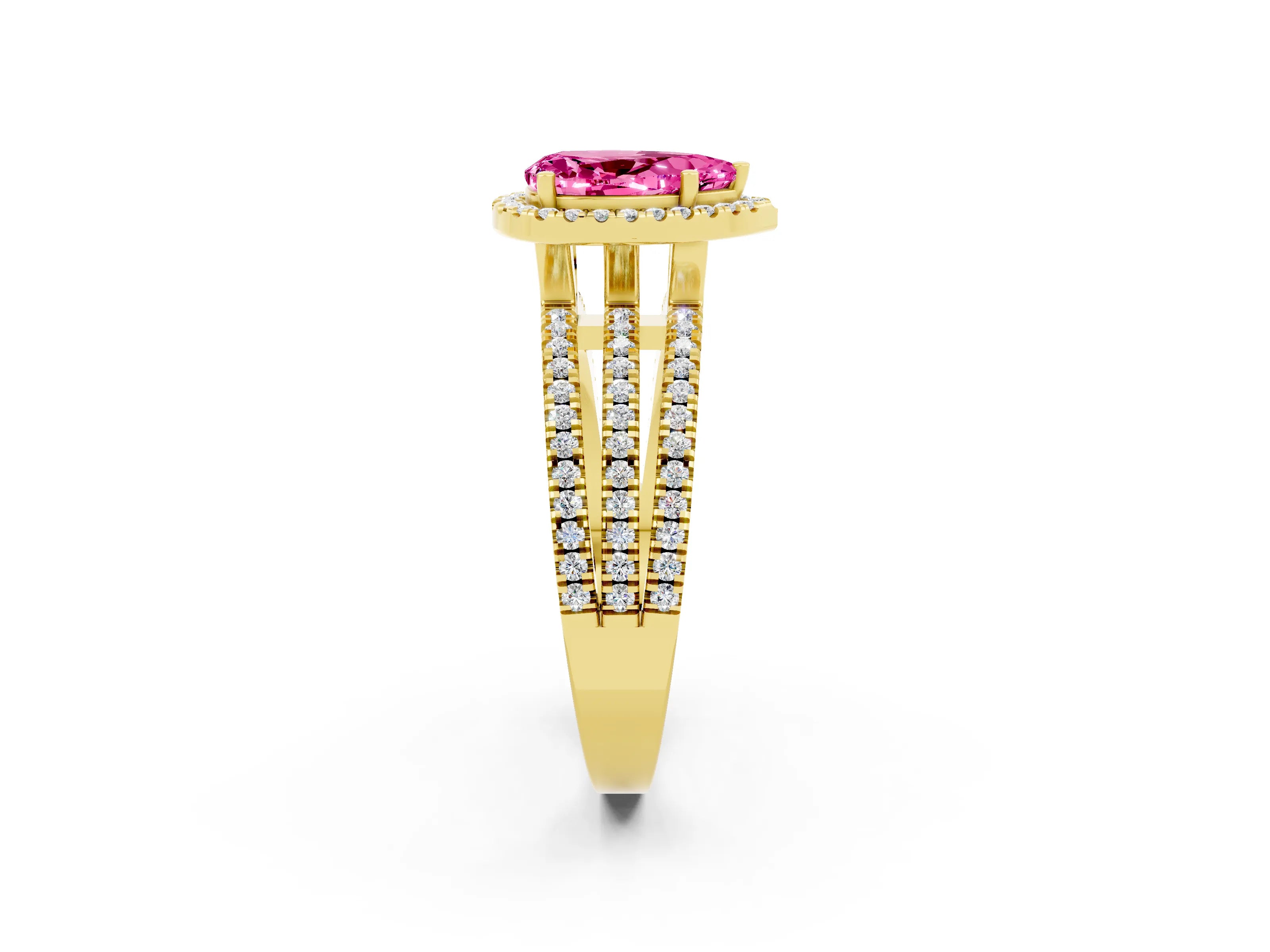 Yellow gold {shape_name} Pink Sapphire Halo Engagement Ring with Split Shank and Four-Prong Setting_2