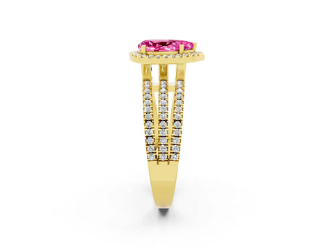 Yellow gold {shape_name} Pink Sapphire Halo Engagement Ring with Split Shank and Four-Prong Setting_2