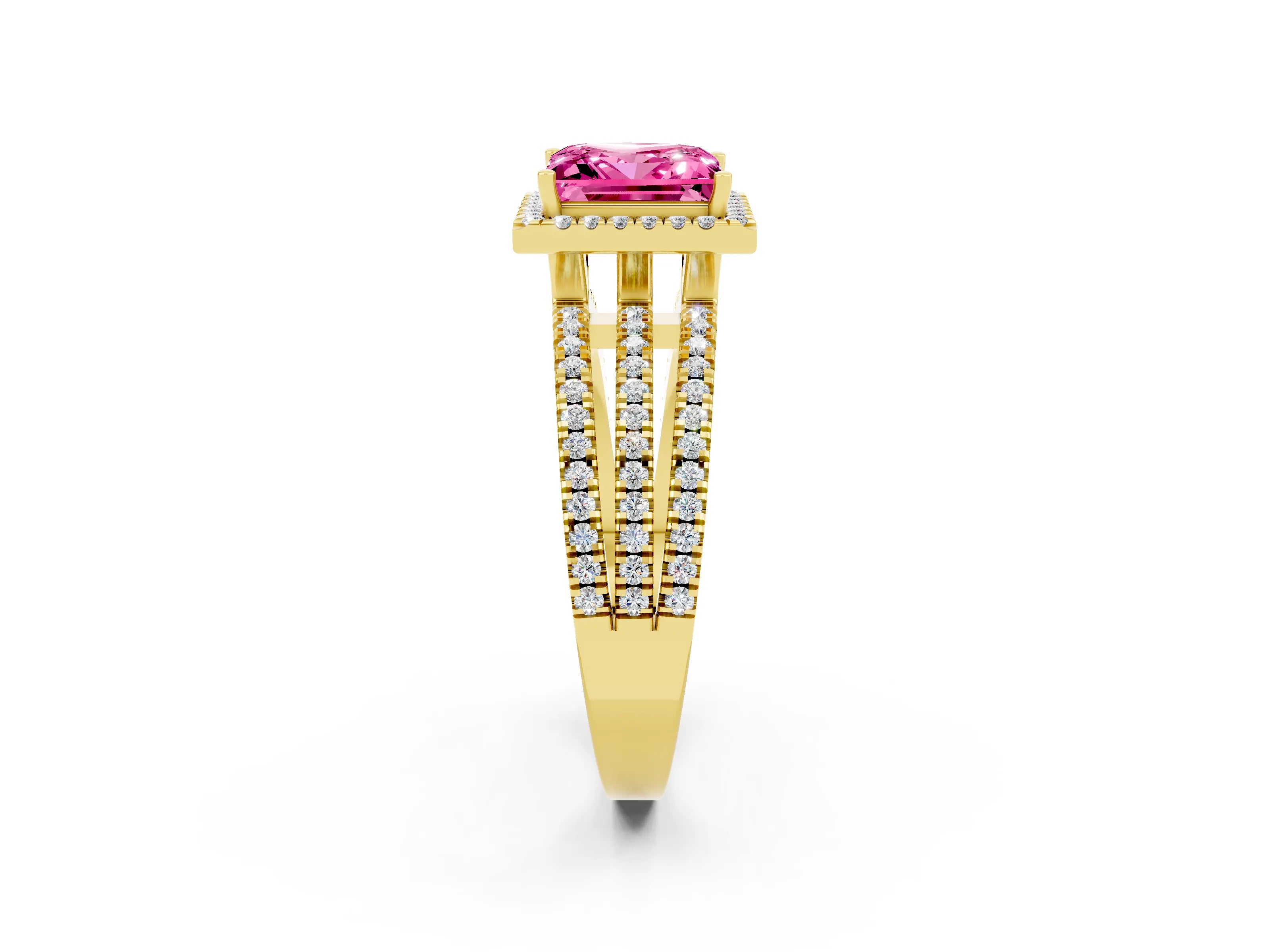 Yellow gold {shape_name} Pink Sapphire Halo Engagement Ring with Split Shank and Four-Prong Setting_2