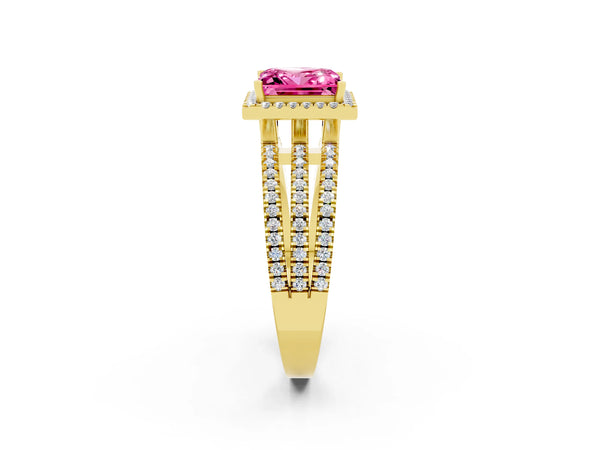 Yellow gold Princess Cut Pink Sapphire Halo Engagement Ring with Split Shank and Four-Prong Setting