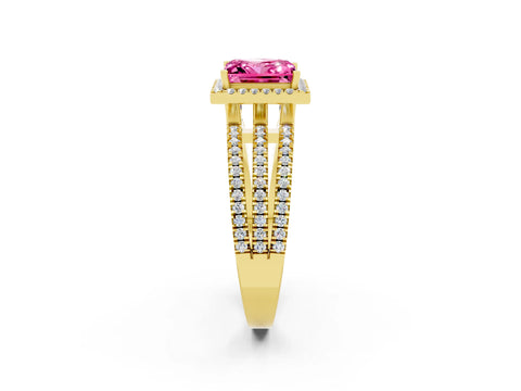 Yellow gold {shape_name} Pink Sapphire Halo Engagement Ring with Split Shank and Four-Prong Setting_2
