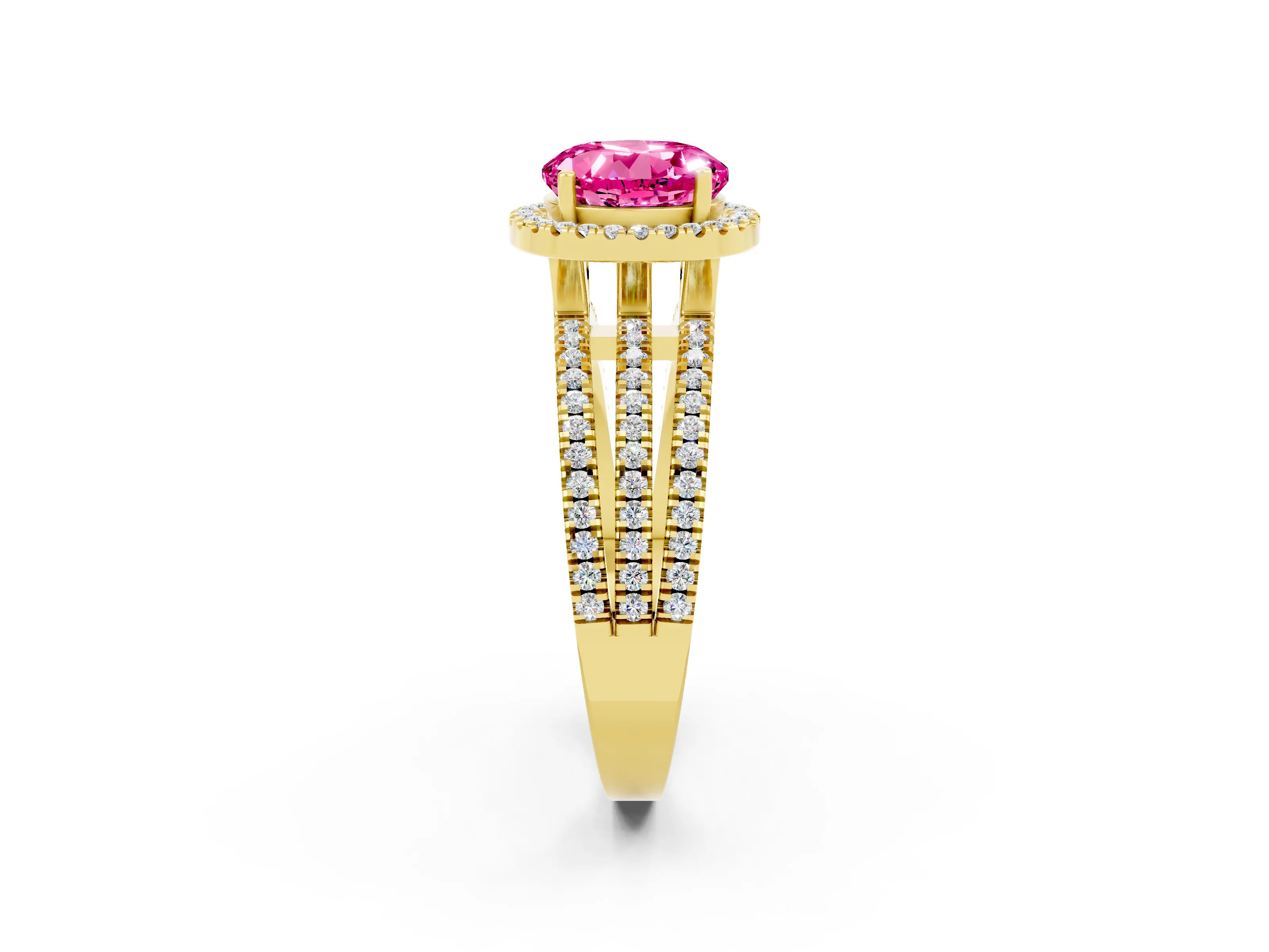 Yellow gold {shape_name} Pink Sapphire Halo Engagement Ring with Split Shank and Four-Prong Setting_2