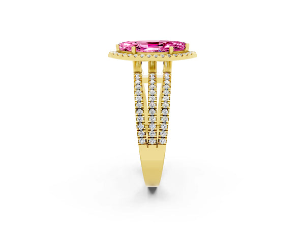 Yellow gold Marquise Cut Pink Sapphire Halo Engagement Ring with Split Shank and Four-Prong Setting