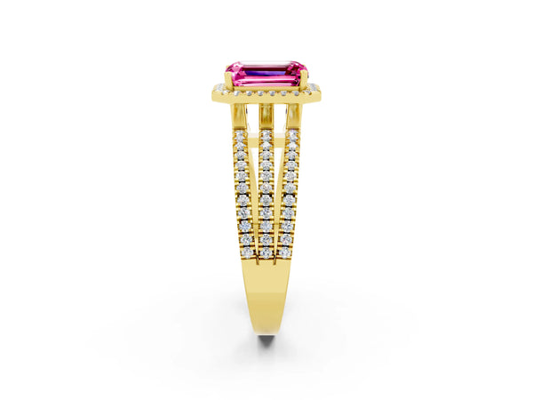 Yellow gold Emerald Cut Pink Sapphire Halo Engagement Ring with Split Shank and Four-Prong Setting