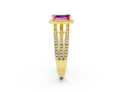 Yellow gold {shape_name} Pink Sapphire Halo Engagement Ring with Split Shank and Four-Prong Setting_2