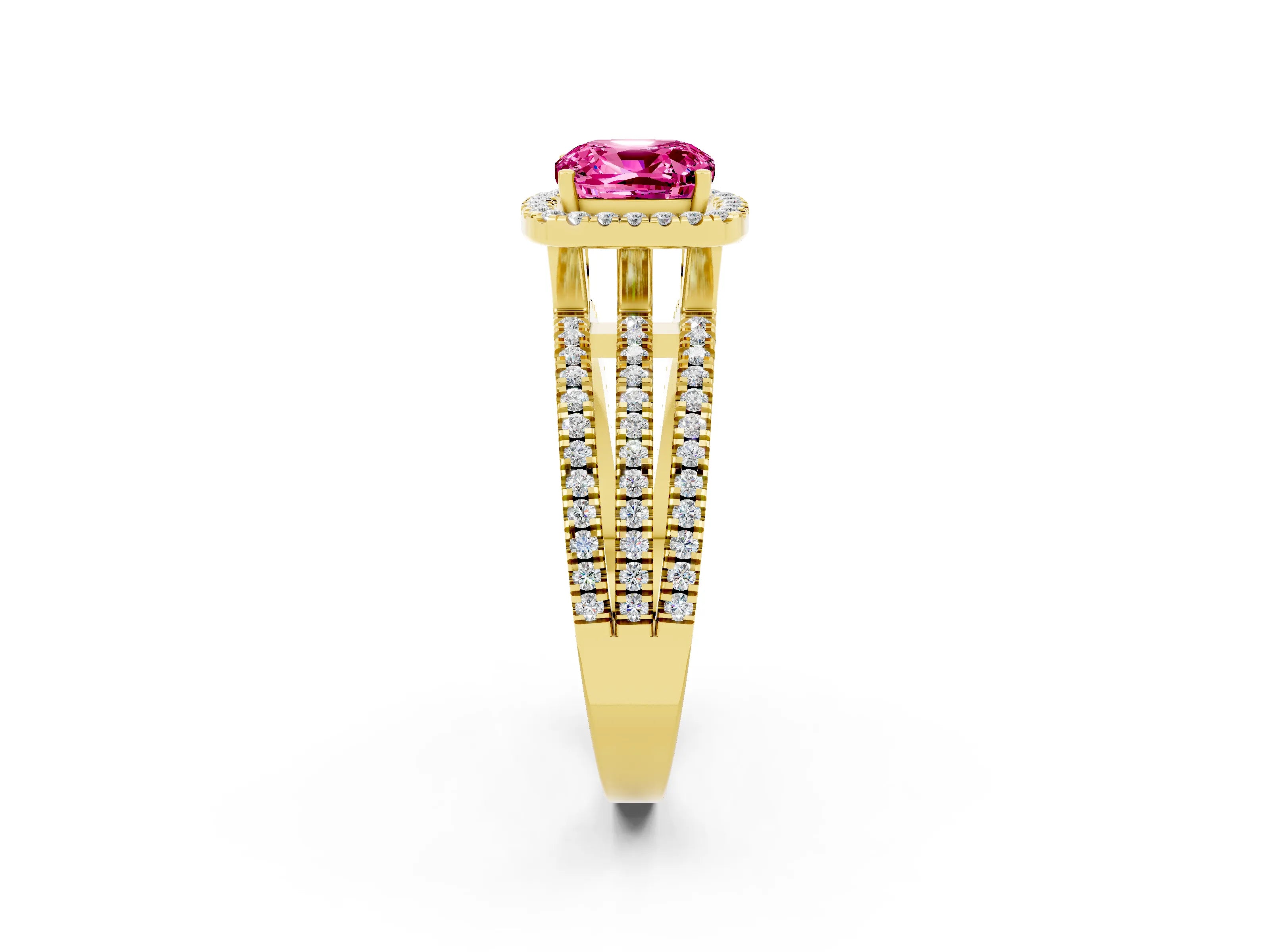 Yellow gold {shape_name} Pink Sapphire Halo Engagement Ring with Split Shank and Four-Prong Setting_2