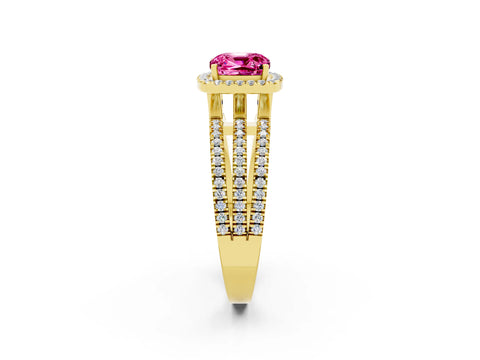 Yellow gold {shape_name} Pink Sapphire Halo Engagement Ring with Split Shank and Four-Prong Setting_2