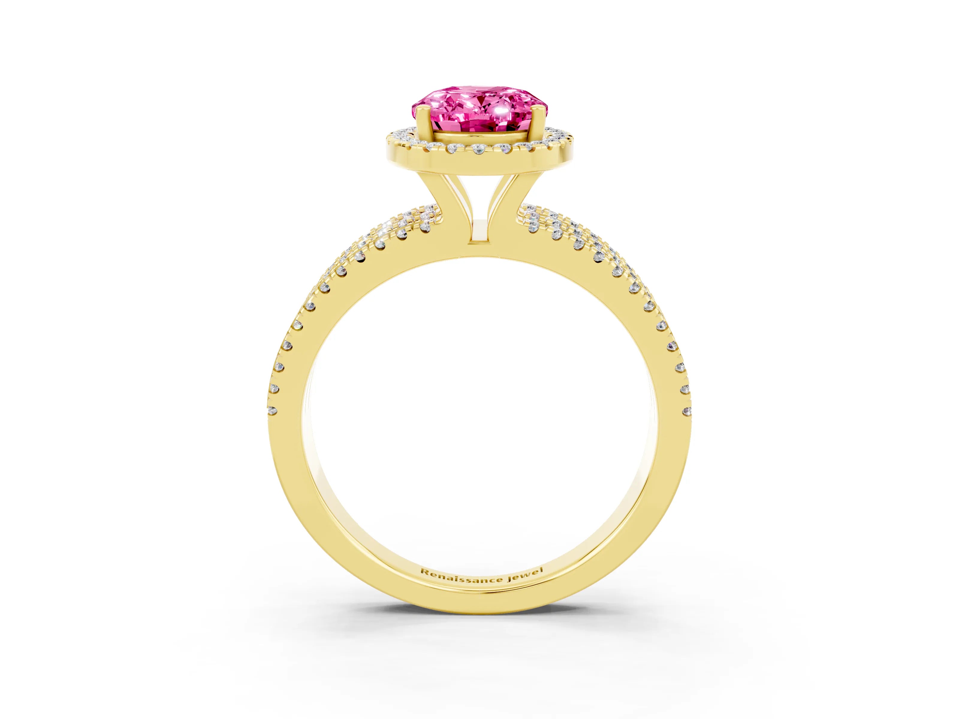 Yellow gold {shape_name} Pink Sapphire Halo Engagement Ring with Split Shank and Four-Prong Setting_3