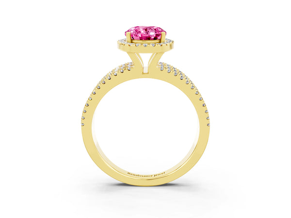 Yellow gold Oval Cut Pink Sapphire Halo Engagement Ring with Split Shank and Four-Prong Setting