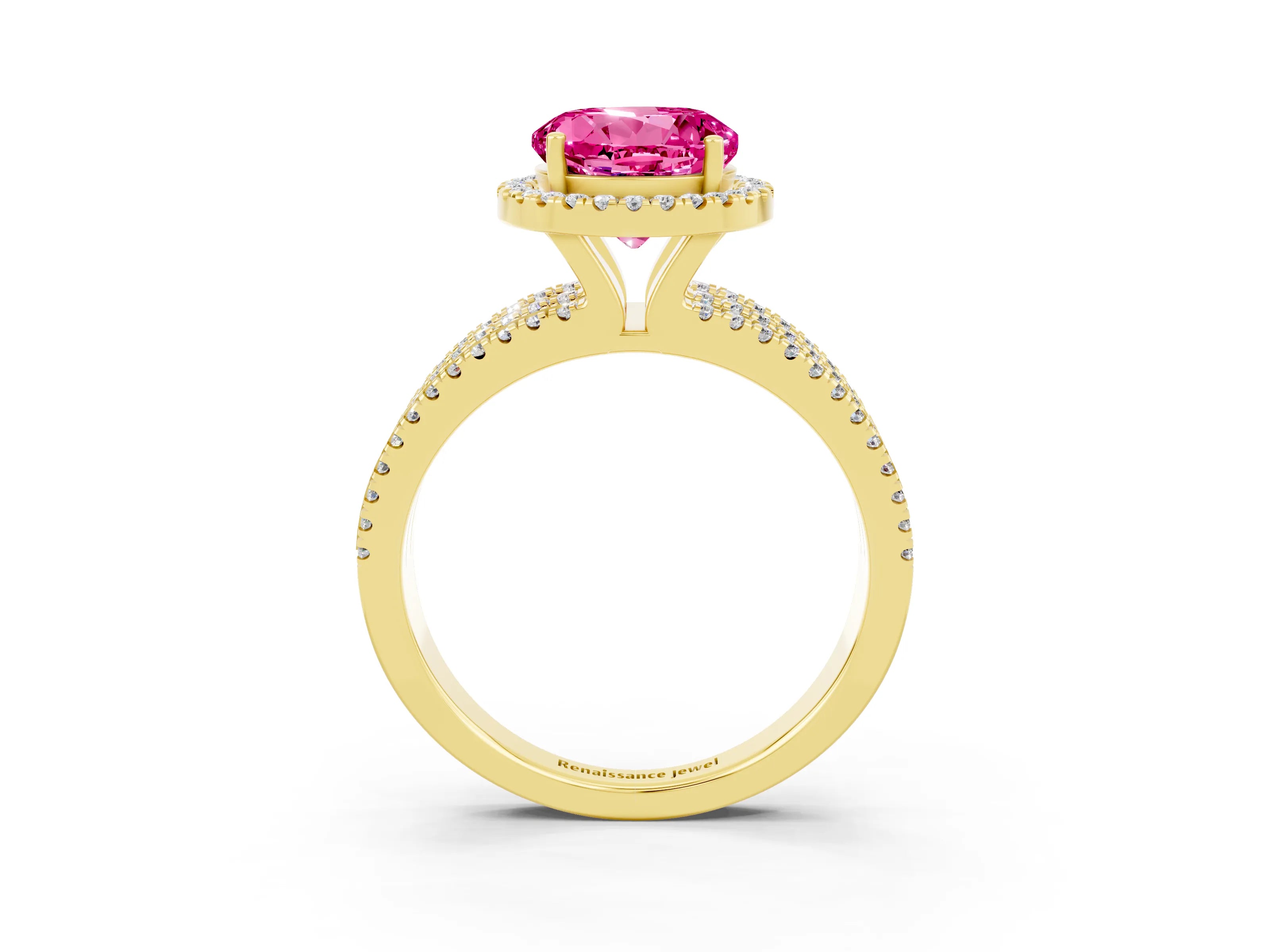 Yellow gold {shape_name} Pink Sapphire Halo Engagement Ring with Split Shank and Four-Prong Setting_3