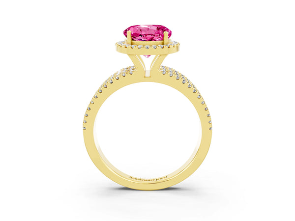 Yellow gold Round Cut Pink Sapphire Halo Engagement Ring with Split Shank and Four-Prong Setting
