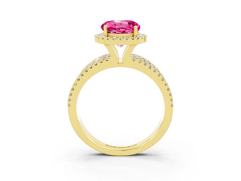 Yellow gold {shape_name} Pink Sapphire Halo Engagement Ring with Split Shank and Four-Prong Setting_3