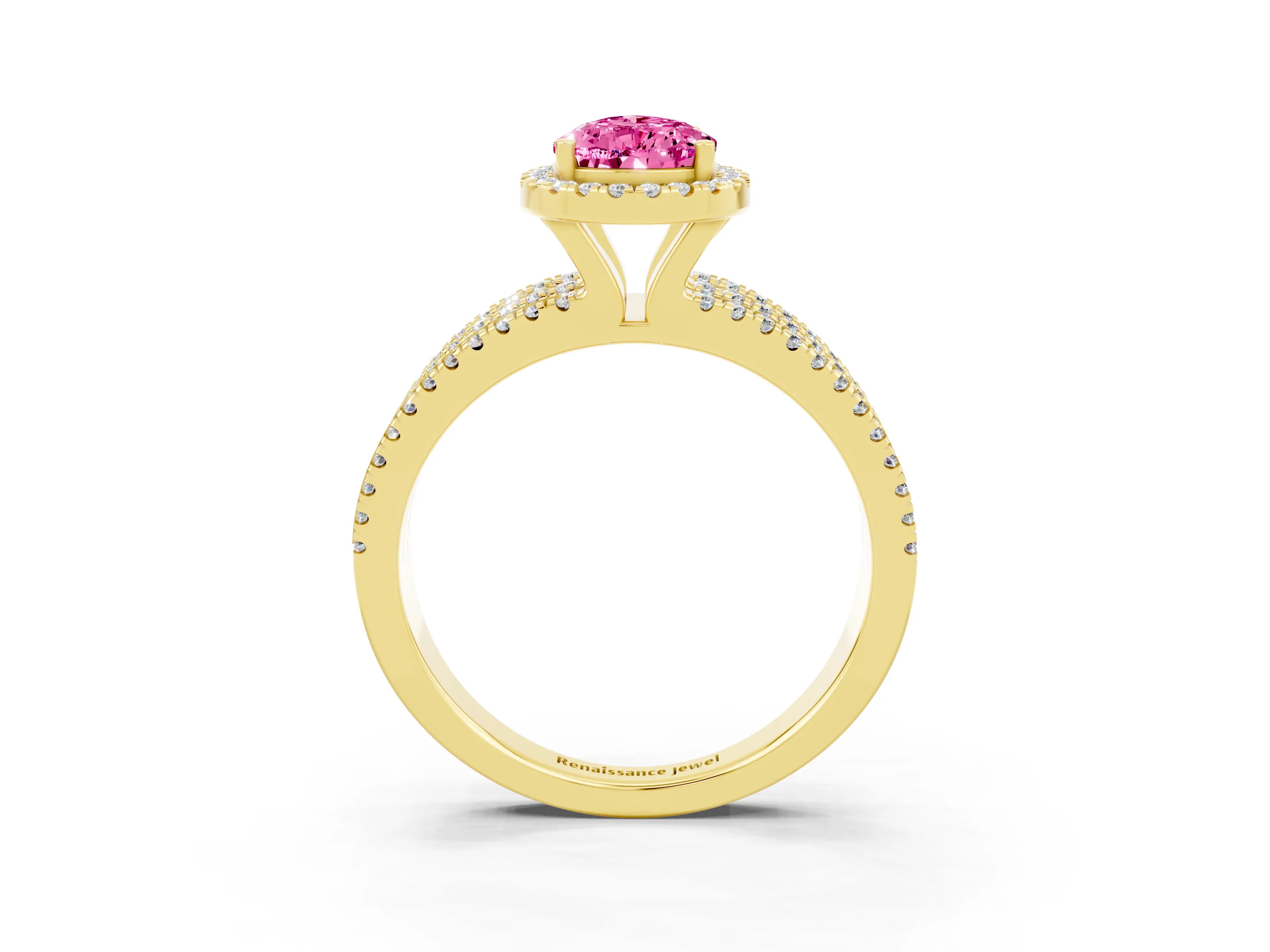 Yellow gold {shape_name} Pink Sapphire Halo Engagement Ring with Split Shank and Four-Prong Setting_3