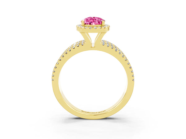Yellow gold Pear Cut Pink Sapphire Halo Engagement Ring with Split Shank and Four-Prong Setting