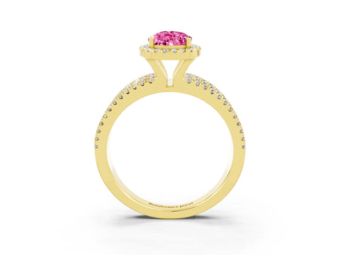 Yellow gold {shape_name} Pink Sapphire Halo Engagement Ring with Split Shank and Four-Prong Setting_3