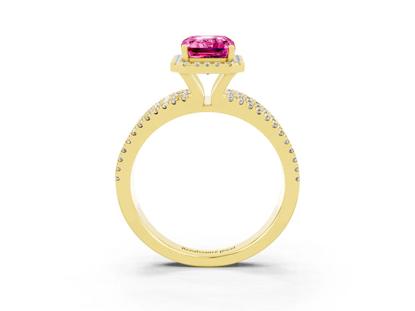Yellow gold Emerald Cut Pink Sapphire Halo Engagement Ring with Split Shank and Four-Prong Setting