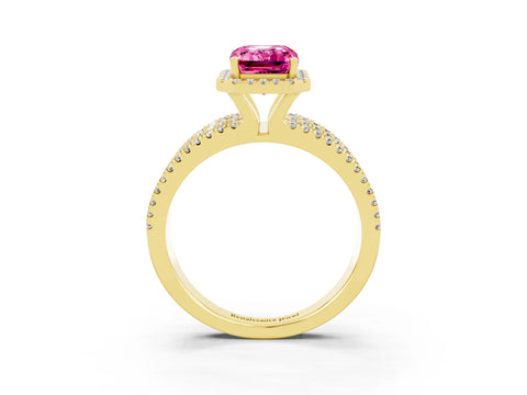 Yellow gold {shape_name} Pink Sapphire Halo Engagement Ring with Split Shank and Four-Prong Setting_3