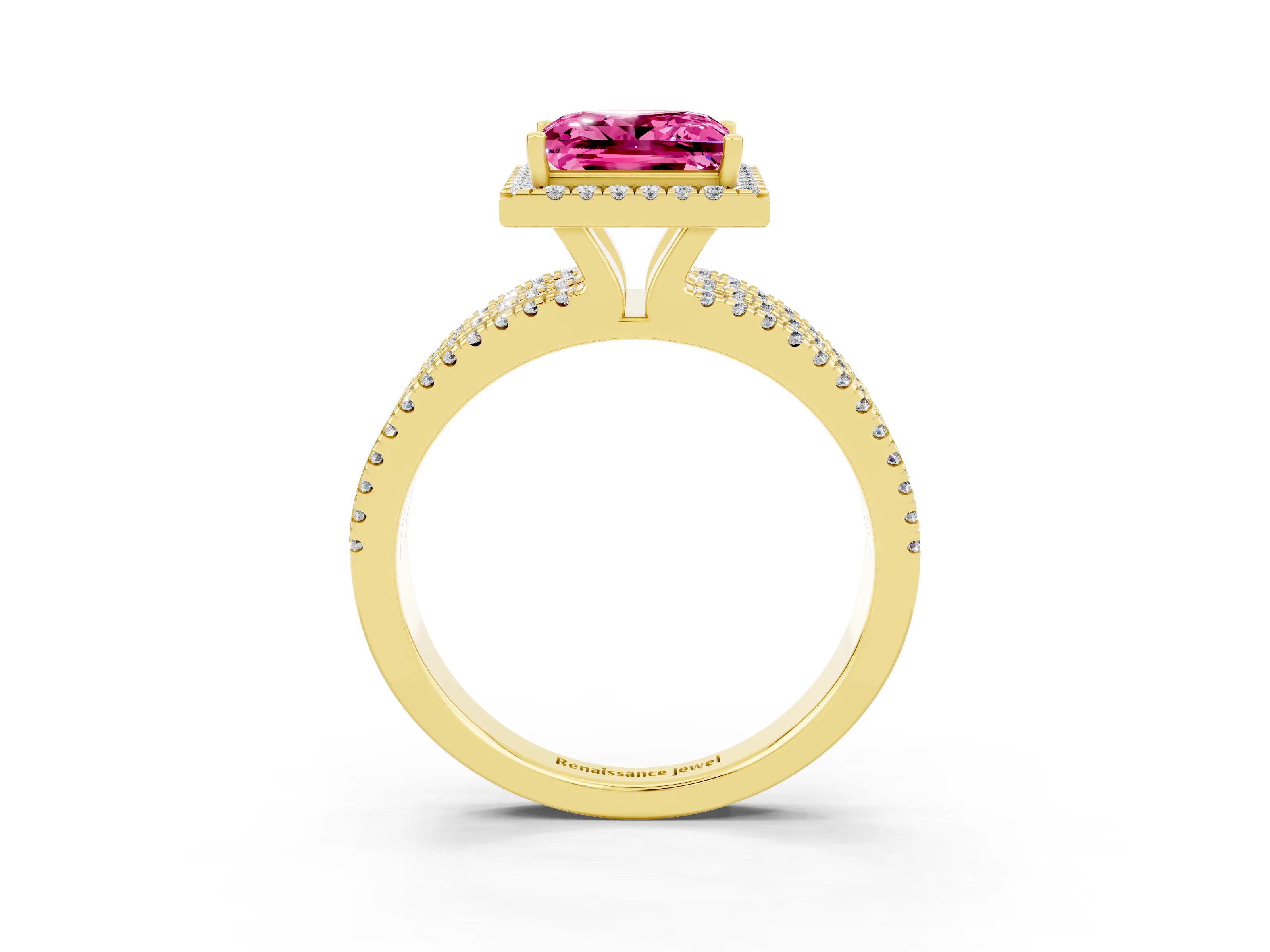 Yellow gold {shape_name} Pink Sapphire Halo Engagement Ring with Split Shank and Four-Prong Setting_3
