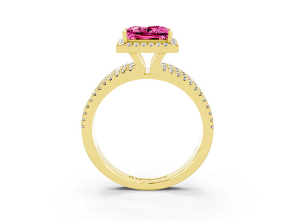 Yellow gold Princess Cut Pink Sapphire Halo Engagement Ring with Split Shank and Four-Prong Setting