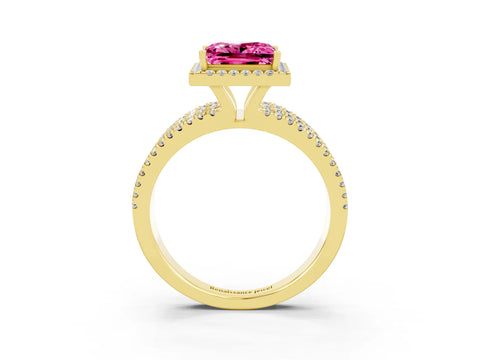 Yellow gold {shape_name} Pink Sapphire Halo Engagement Ring with Split Shank and Four-Prong Setting_3