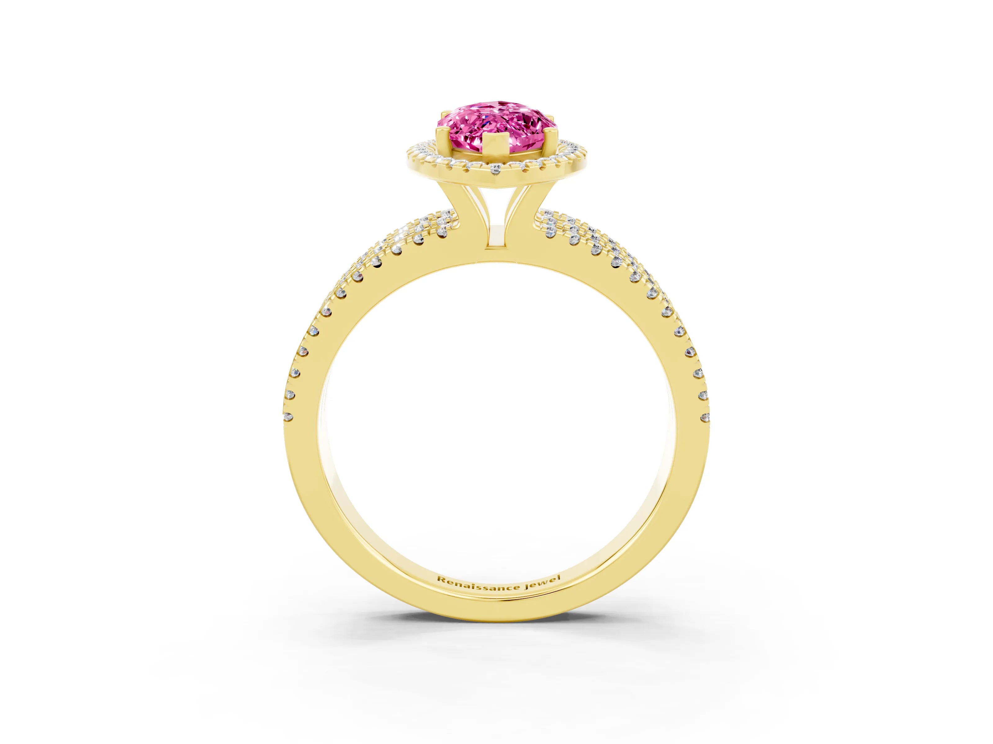 Yellow gold {shape_name} Pink Sapphire Halo Engagement Ring with Split Shank and Four-Prong Setting_3