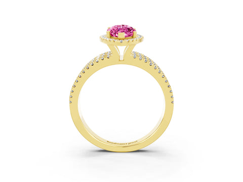 Yellow gold {shape_name} Pink Sapphire Halo Engagement Ring with Split Shank and Four-Prong Setting_3