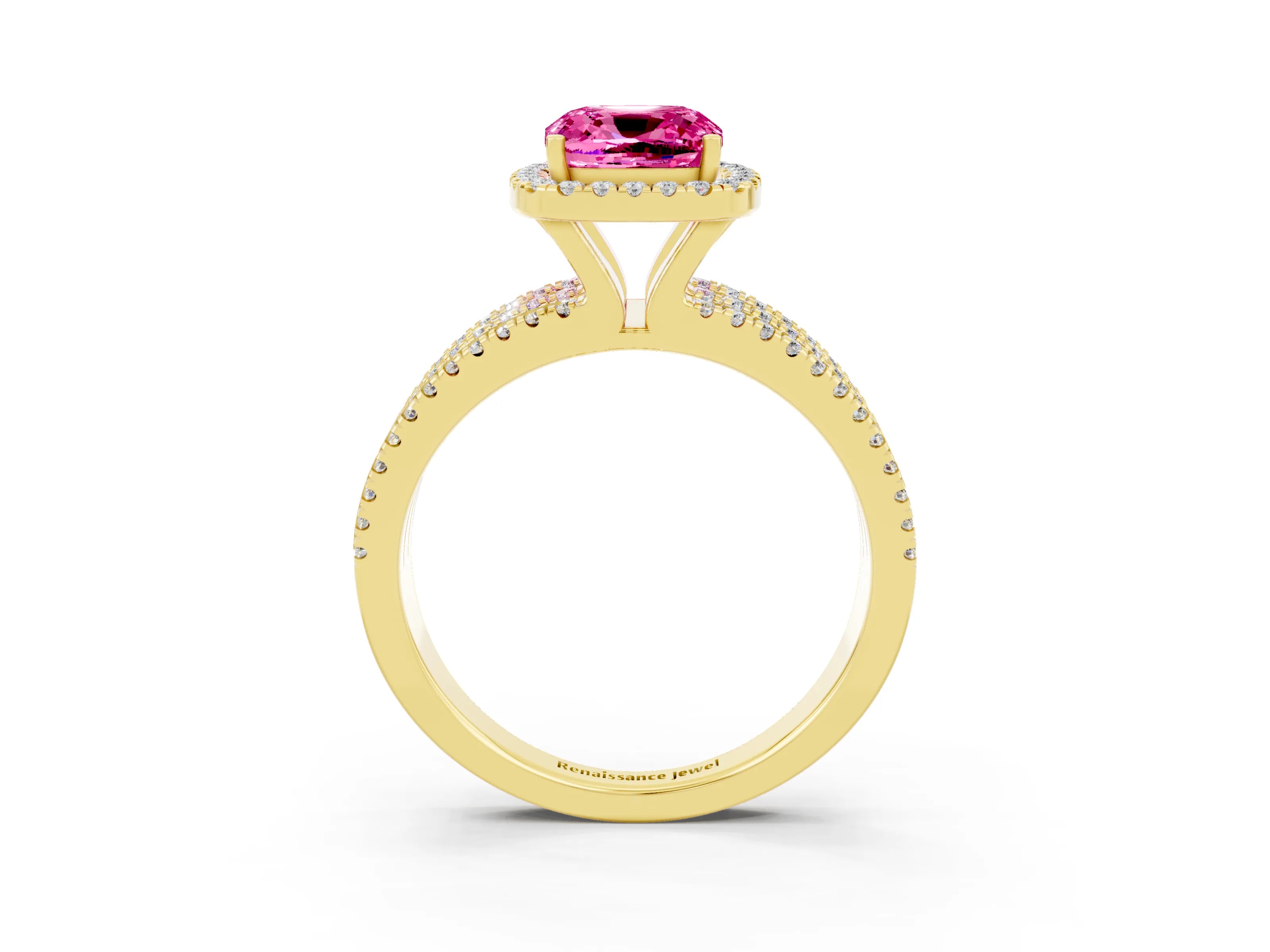 Yellow gold {shape_name} Pink Sapphire Halo Engagement Ring with Split Shank and Four-Prong Setting_3