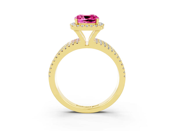 Yellow gold Cushion Cut Pink Sapphire Halo Engagement Ring with Split Shank and Four-Prong Setting