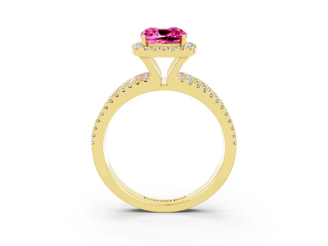 Yellow gold {shape_name} Pink Sapphire Halo Engagement Ring with Split Shank and Four-Prong Setting_3