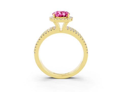 Yellow gold {shape_name} Pink Sapphire Halo Engagement Ring with Split Shank and Four-Prong Setting_3