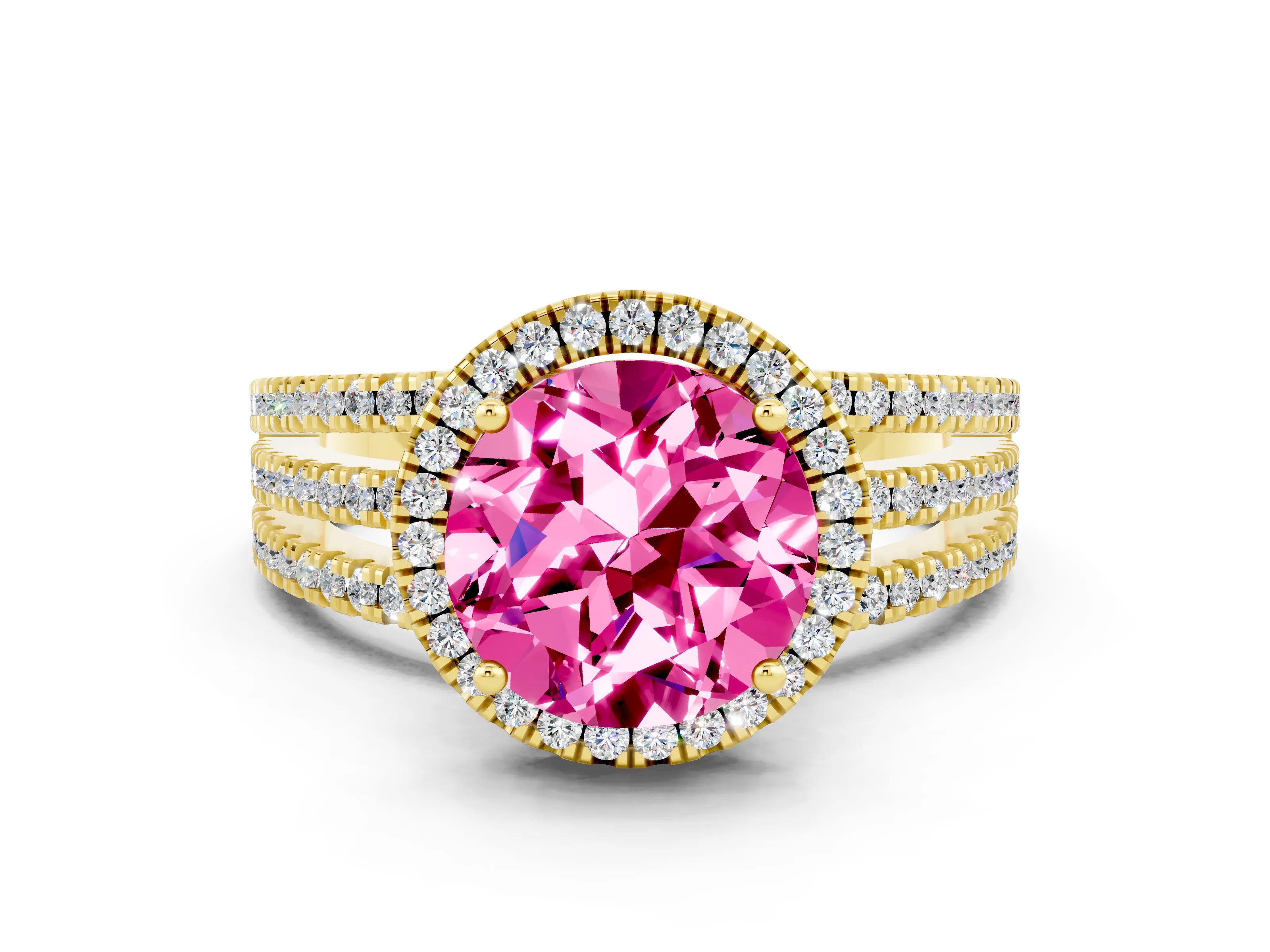 Yellow gold {shape_name} Pink Sapphire Halo Engagement Ring with Split Shank and Four-Prong Setting