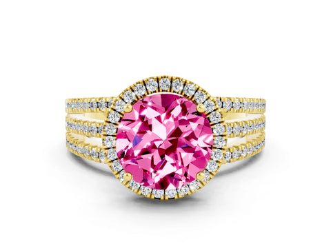 Yellow gold {shape_name} Pink Sapphire Halo Engagement Ring with Split Shank and Four-Prong Setting