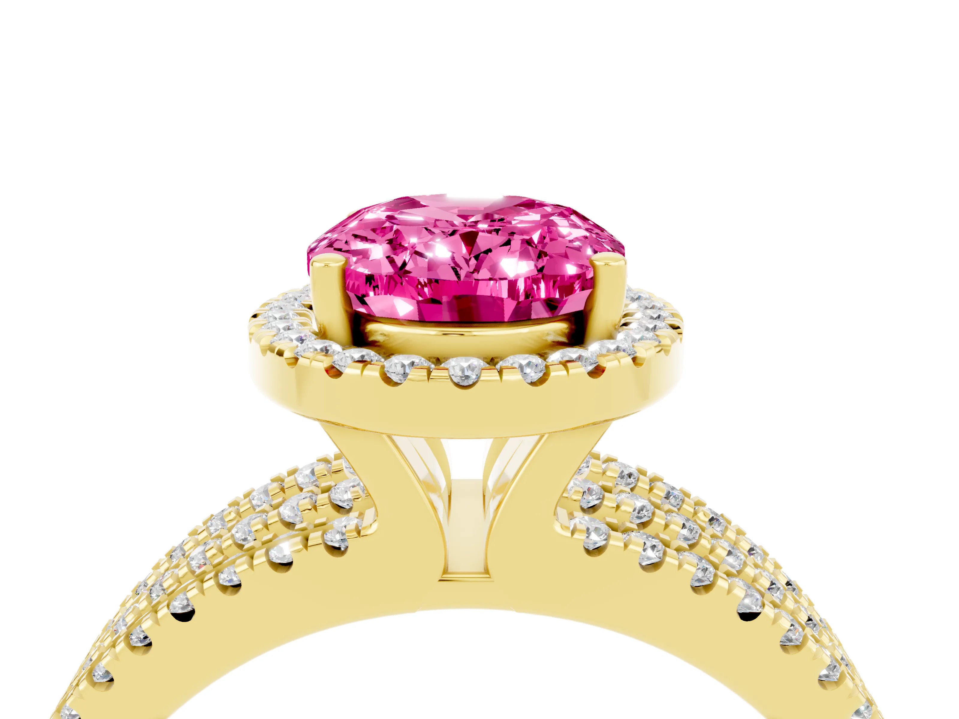 Yellow gold {shape_name} Pink Sapphire Halo Engagement Ring with Split Shank and Four-Prong Setting_4