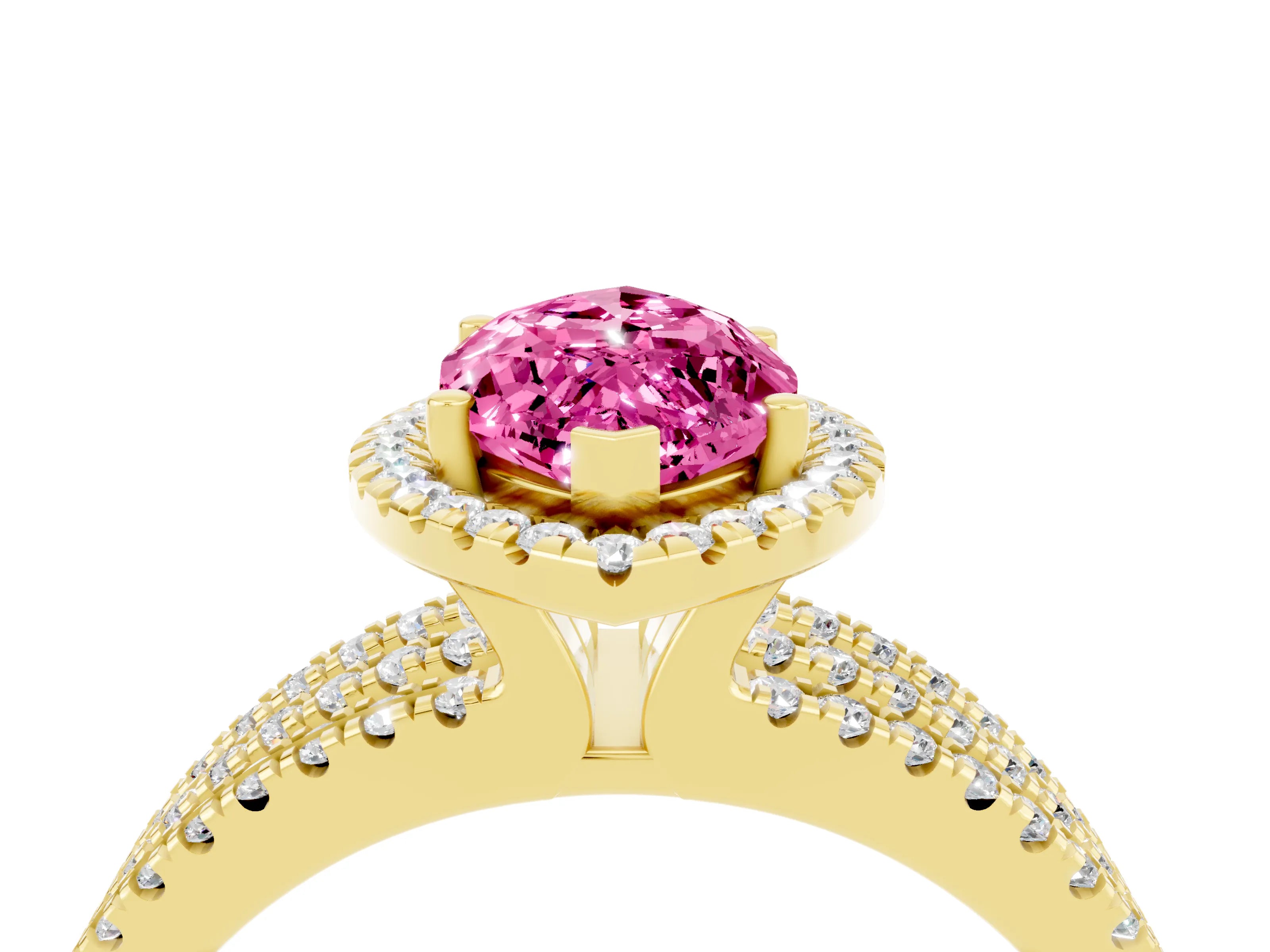 Yellow gold {shape_name} Pink Sapphire Halo Engagement Ring with Split Shank and Four-Prong Setting_4